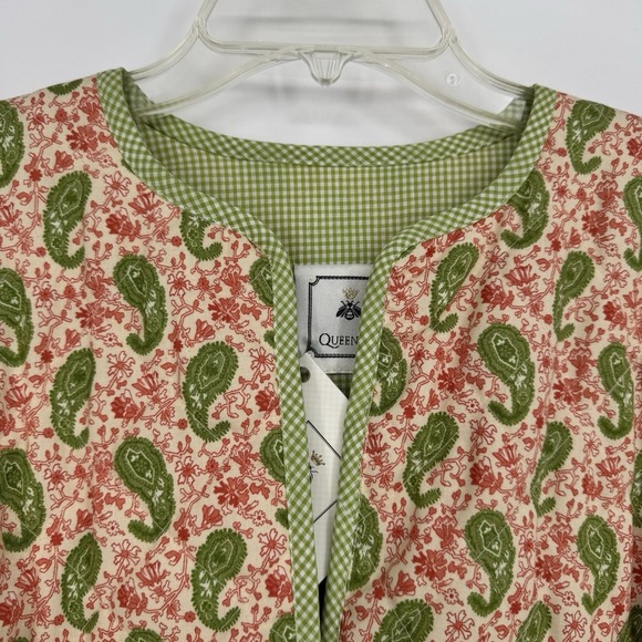 Handmade Women's Jacket Hand Quilted Paisley Green Gingham‎ Trim Button Large - Picture 2 of 10